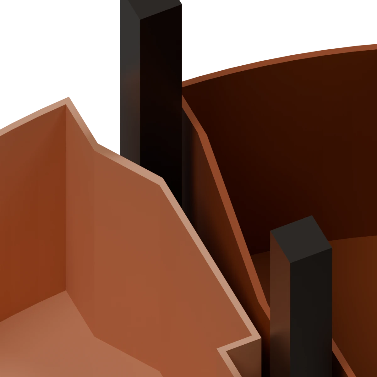The same basket with its wall angled past the column, a gap between them.