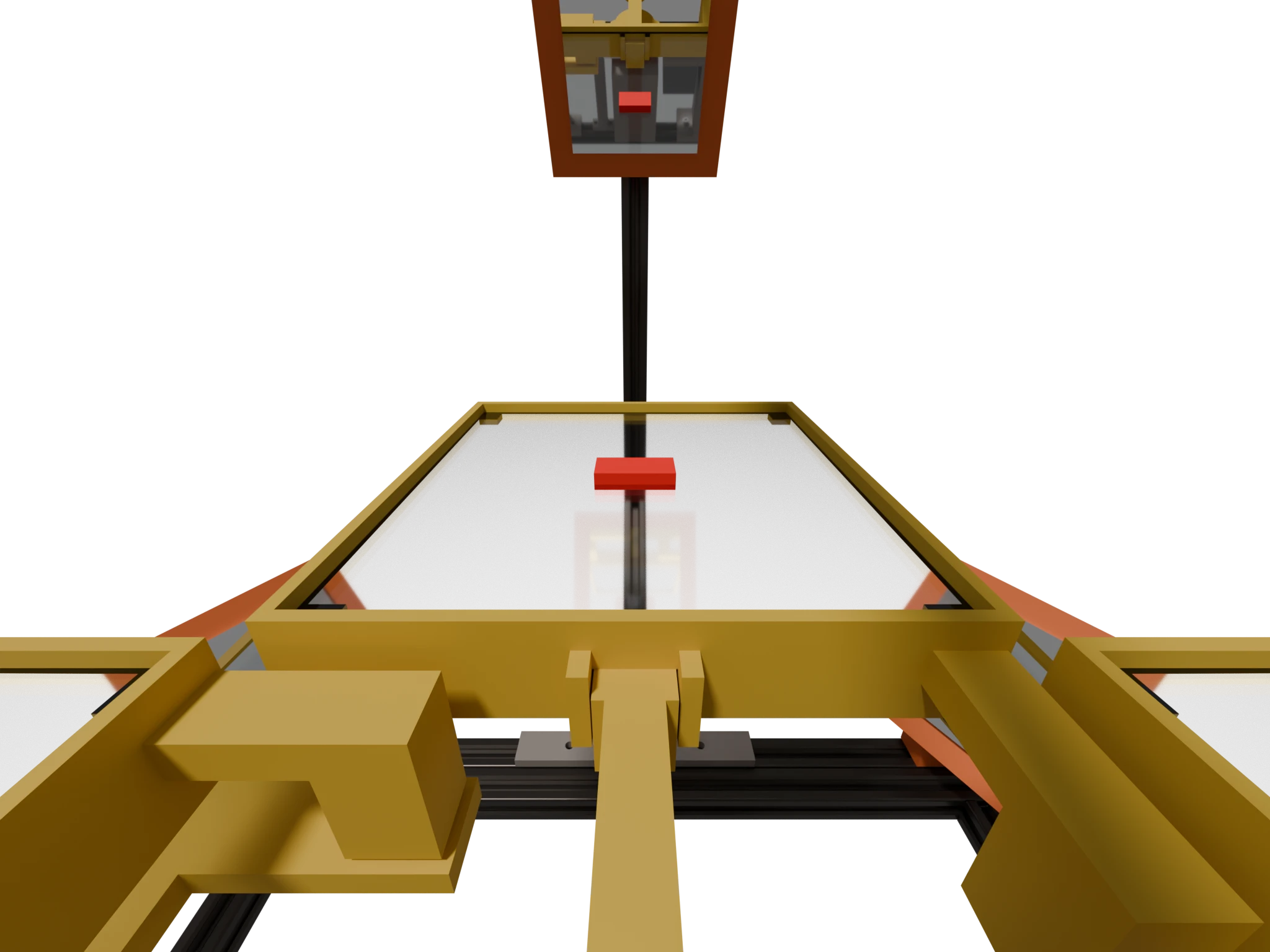 The scanner from its one camera: a red brick on a clear platform, and the same brick, small, in a mirror at the top of the frame.