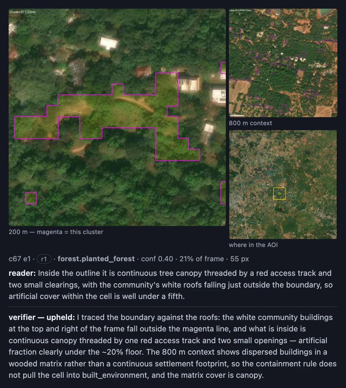 Cluster c67, exemplar 1: the 200 m crop, 800 m context and locator, with the reader's description and the verifier's note.